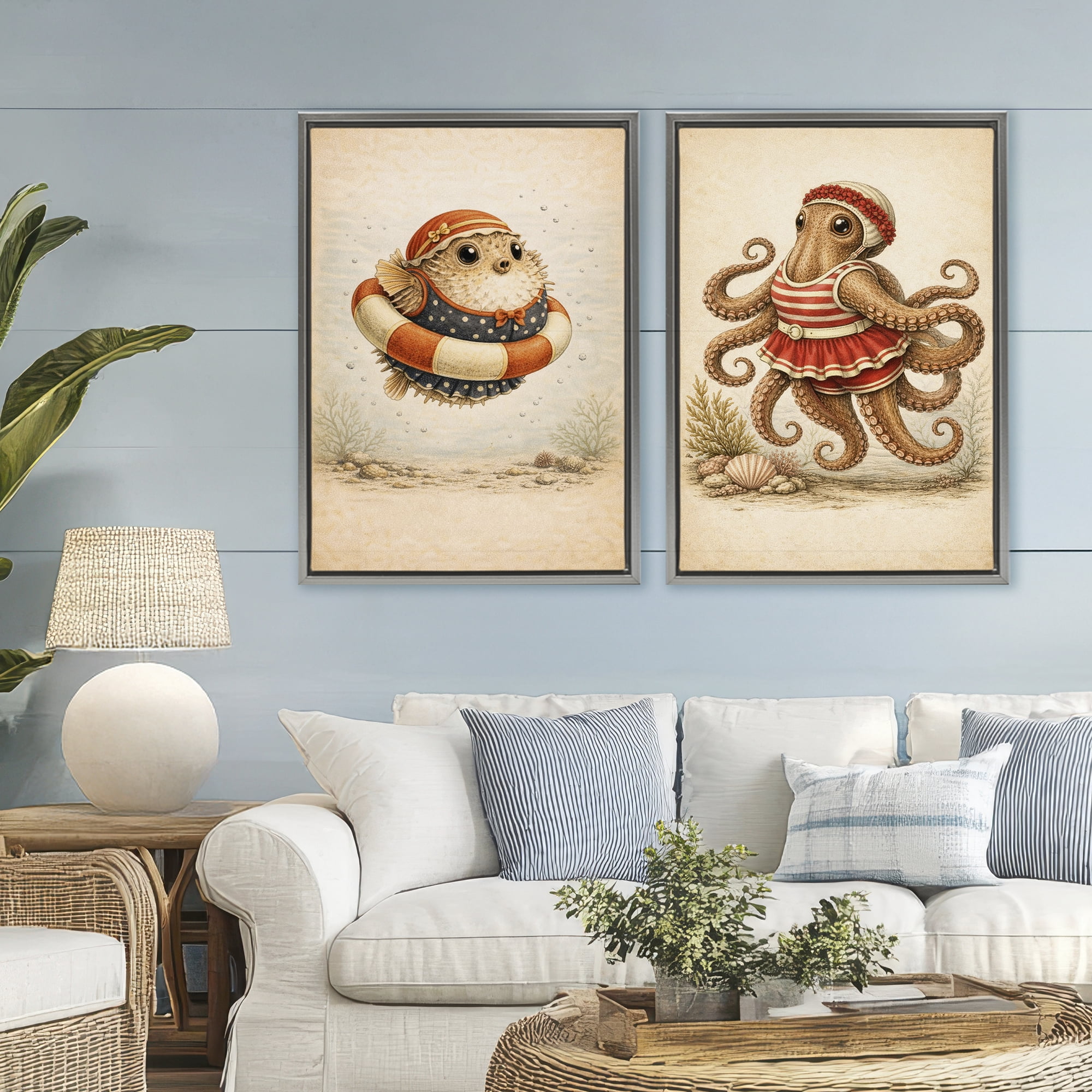 Stupell Industries Vintage Maritime Bathing Creatures 2 Piece Gray Framed Floater Canvas Set, design by Grotto Studios