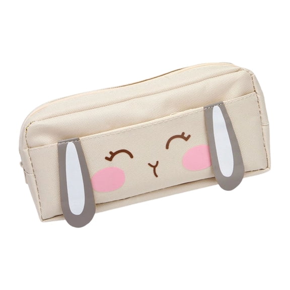 Hyknon Cute Bunny Ears Pencil Case, Large Capacity Waterproof Pencil Pouch Bag with Zipper, Thick Beige Makeup Storage Organizer for Stationery College Classroom
