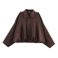 thumbnail image 2 of TGSLY Women's Faux Suede Bomber Jacket Casual Zip Up Long Sleeve Lapel Coat Oversized Pleated Solid Color Cropped Hem Silhouette Jackets XL, 2 of 8