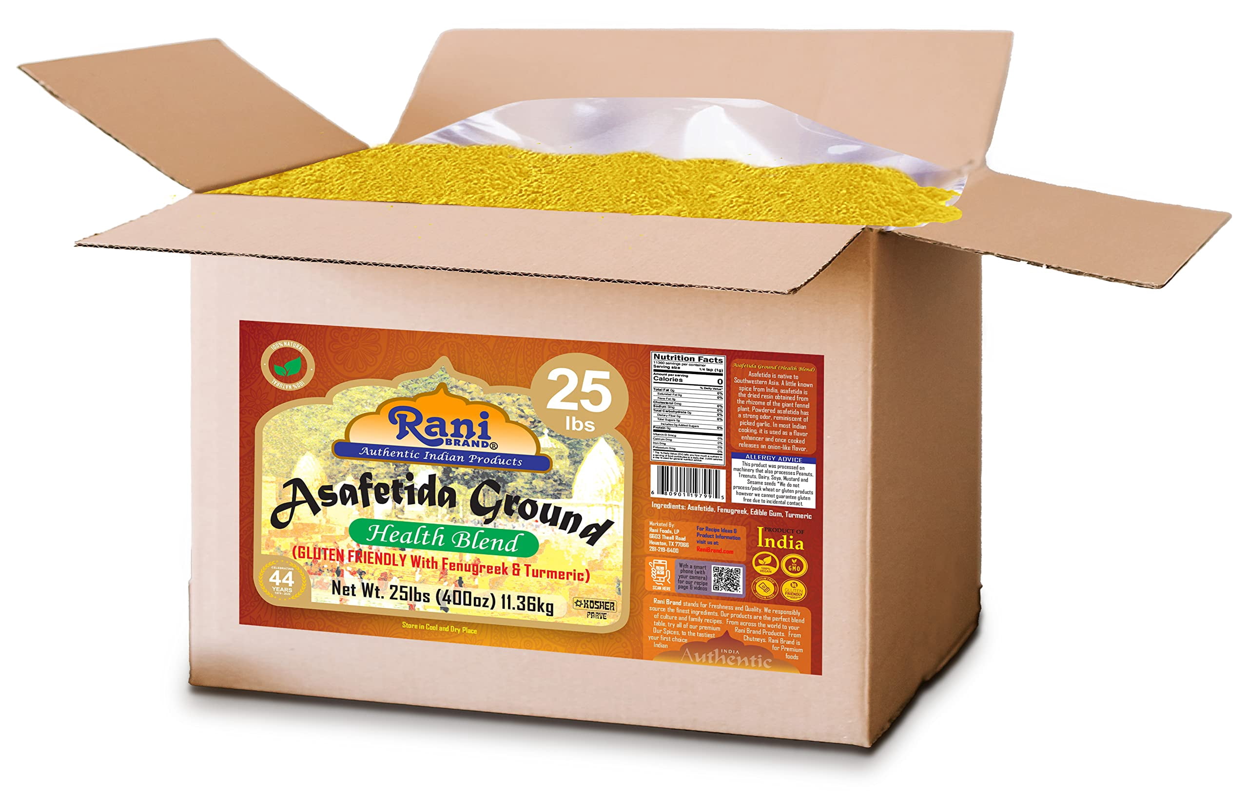 Rani Asafetida (Hing) Ground Health Blend w/ Fenugreek and Turmeric 400oz (25lbs) 11.36kg Bulk Box ~ All Natural | Salt Free | Vegan | Kosher | Asafoetida Indian Spice | Best for Onion Garlic Substitu