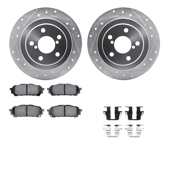 Dynamic Friction Company Rear Brake Rotors-Drilled and Slotted-Silver with 5000 Euro Ceramic Brake Pads includes Hardware 7612-13000