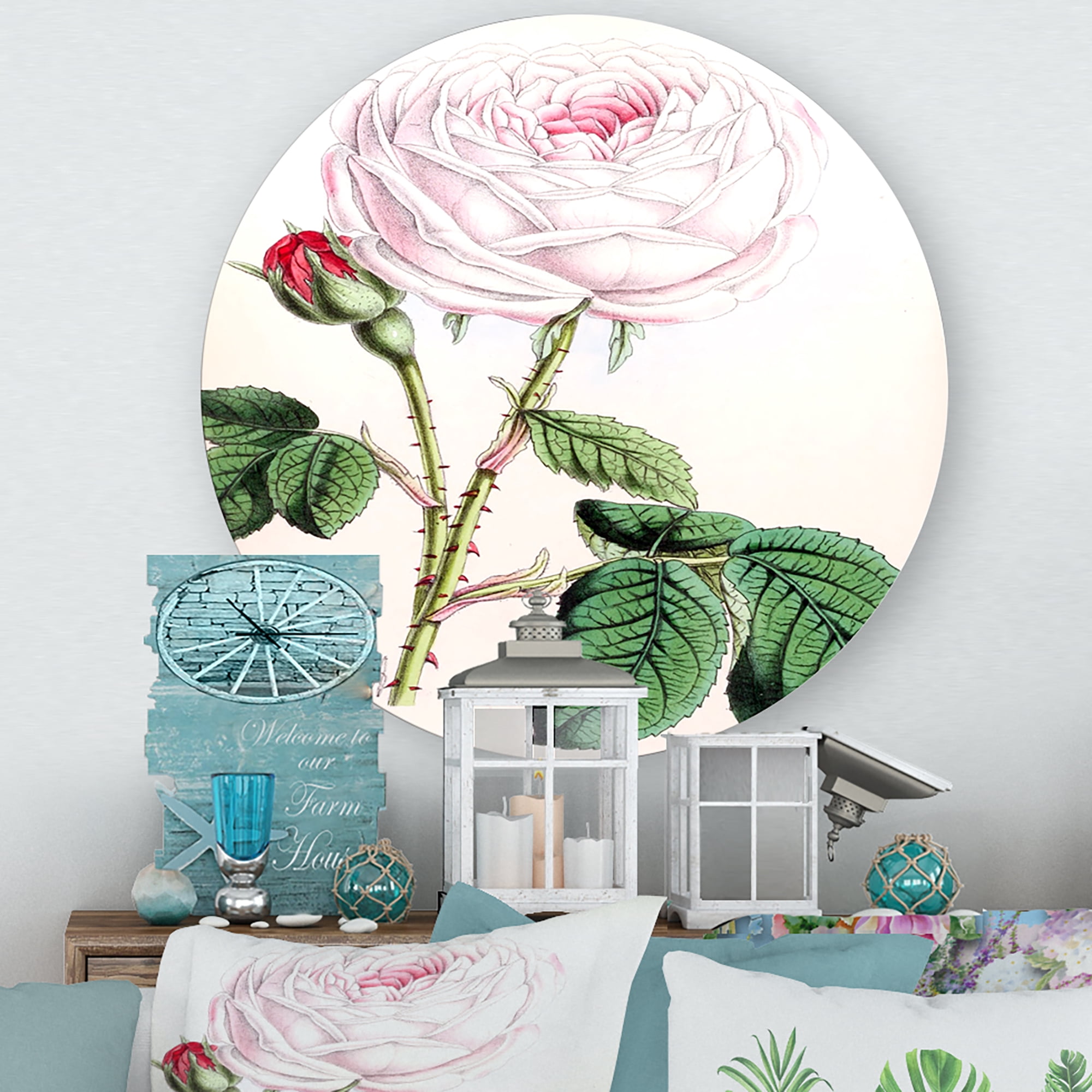 Designart 'Ancient Pink Flower' Traditional Circle Metal Wall Art 11x11 - Disc of 11