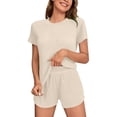 thumbnail image 2 of BRGZLK Women 2 Piece Shorts Set Summer Solid Color Loose Fit Breathable Short Sleeve Comfy Round Neck Tops and Shorts Matching Sets Beige XXL, 2 of 6
