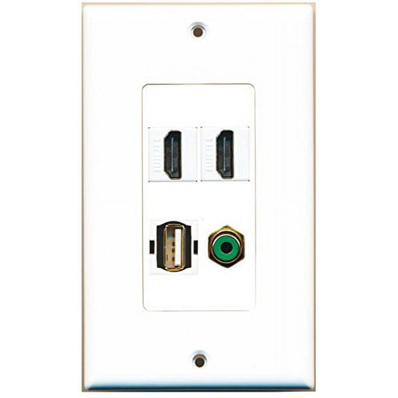 RiteAV - 2 Port HDMI 1 Port RCA Green 1 Port USB A-A Wall Plate Decorative