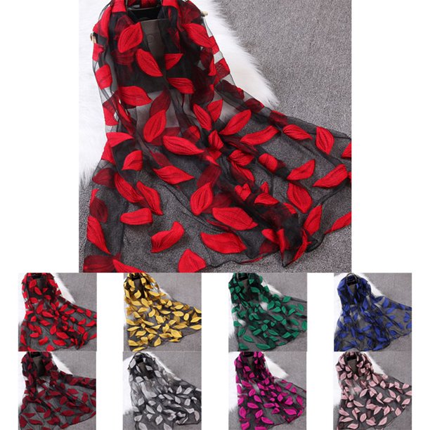 Bonrich Spring Summer Women Girls Leaves Jacquard Organza Scarf