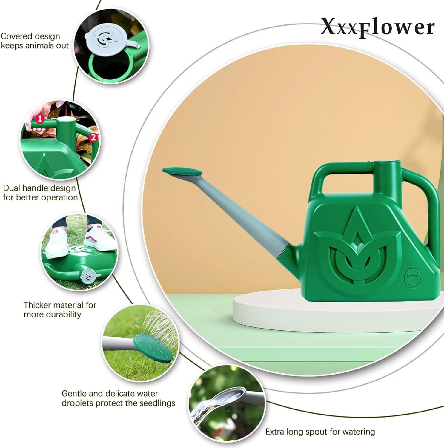 1.5 Gallon Green Watering Can Outdoor Garden Flower Plant, Lightweight 6 L Water Cans with Detachable Nozzle Watering Pot for Office House Garden
