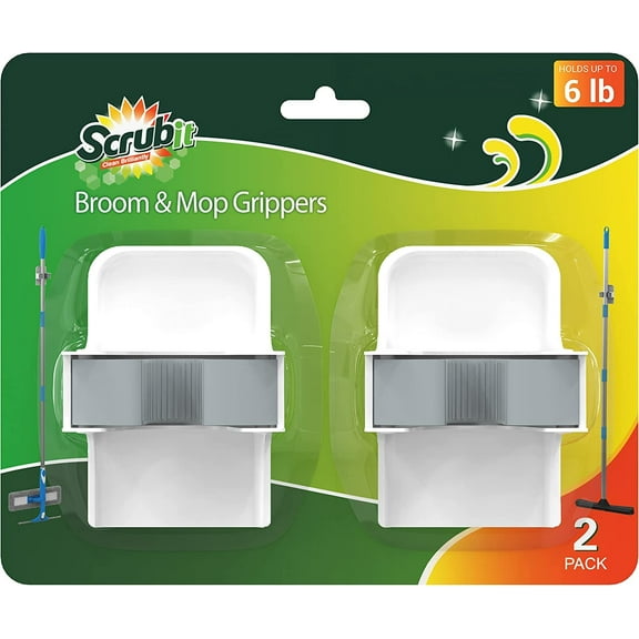 SCRUBIT Wall Mount Hardware Hooks for Mop and Broom, Self Adhesive Plastic Organizer, 2-Pack
