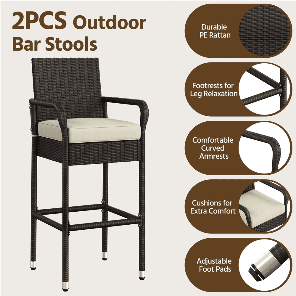 Renwick PE Rattan Patio Bar Stools with Cushions, Set of 2, Brown/Beige