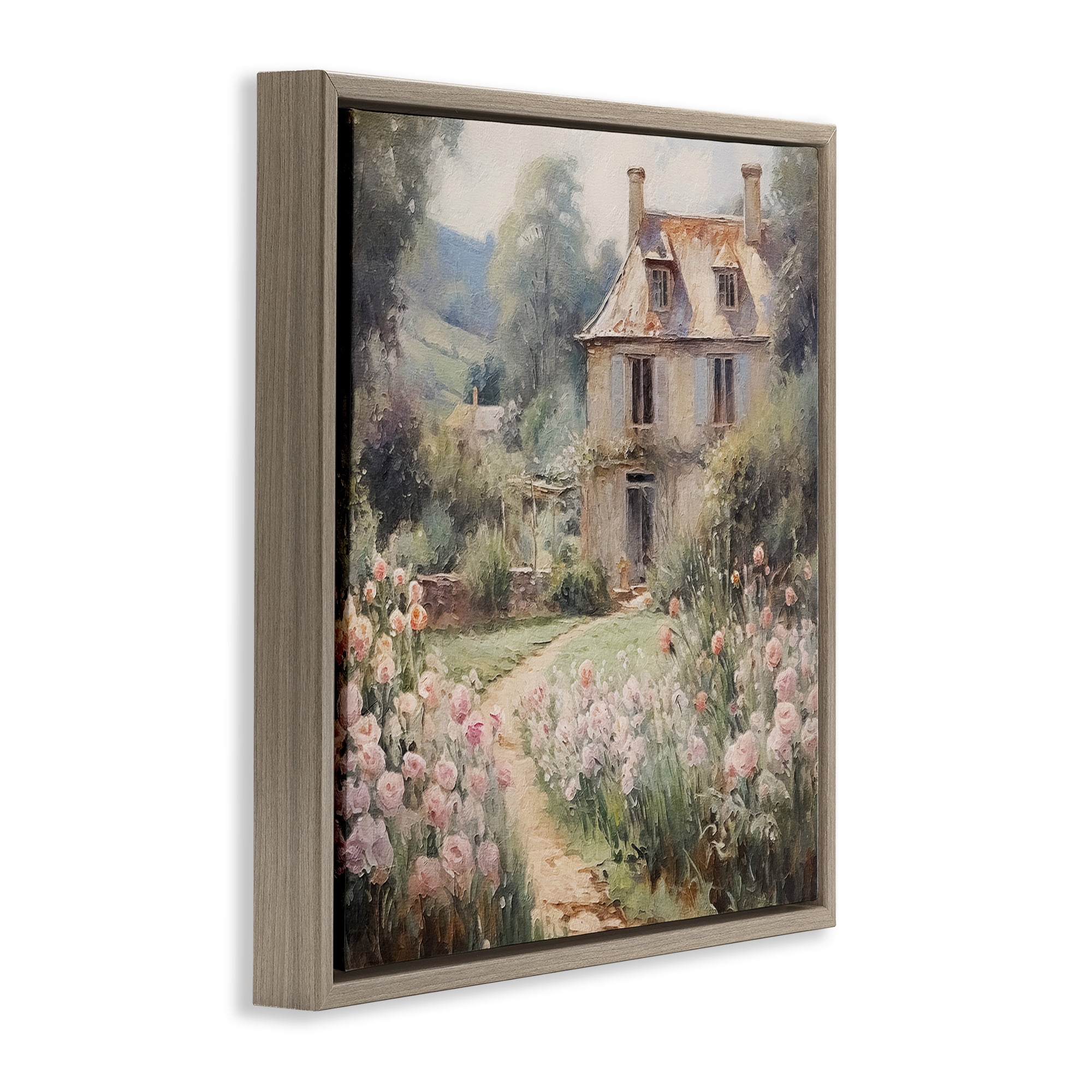Stupell Industries French Garden Cottage Landscape Painting Brown Floater Framed Canvas Art Print Wall Art, 18 x 18