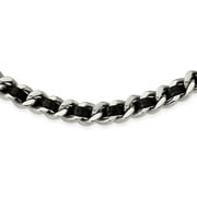Lex & Lu Chisel Stainless Steel Polished Blk Leather Curb Chain Necklace 15''