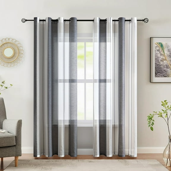 Rosnek Sheer Curtains Striped Pattern for Bedroom, Farmhouse Grommet Semi-Sheer Light Filtering Window Curtain for Living Room/Bedroom, Set of 2, Gray, 55"x 57"