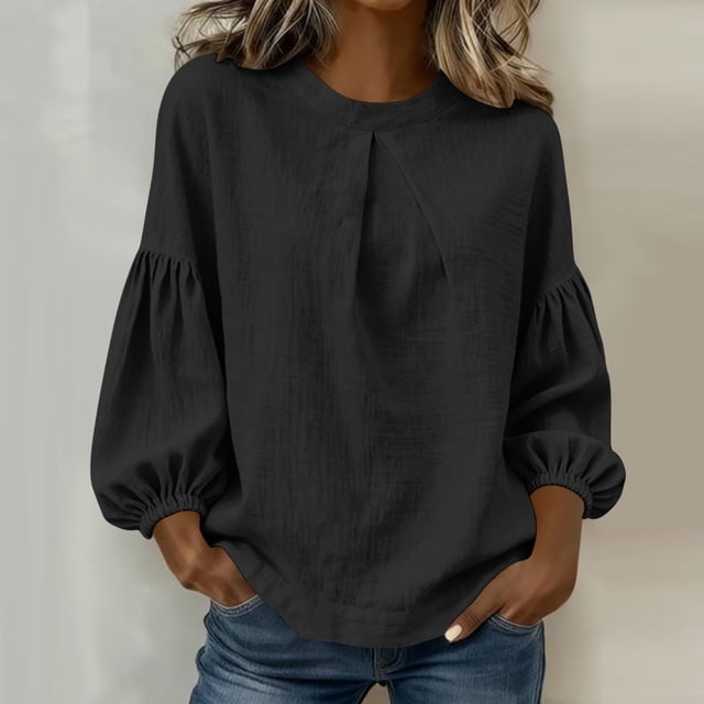 TaTaai Ladies Spring Summer Faux Cotton Linen Solid 3/4 Sleeve Blouse Round Neck Ruched Puff Sleeve Loose Casual Soft Daily Commute Wear Top Gift
