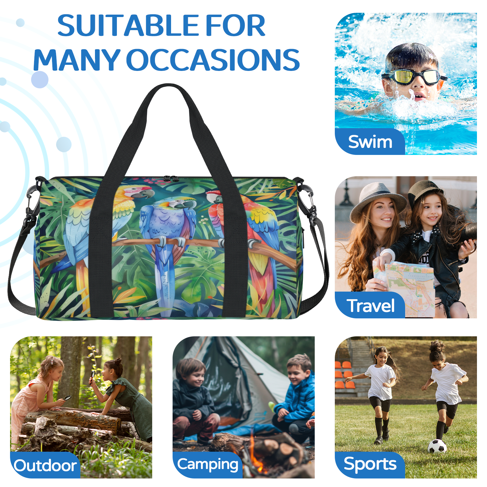 Herdesigns Parrot Bird Travel Duffle Bag Sports Yoga Weekender Overnight Carry on Workout Bags Lightweight Waterproof Gym Tote Bag for Women