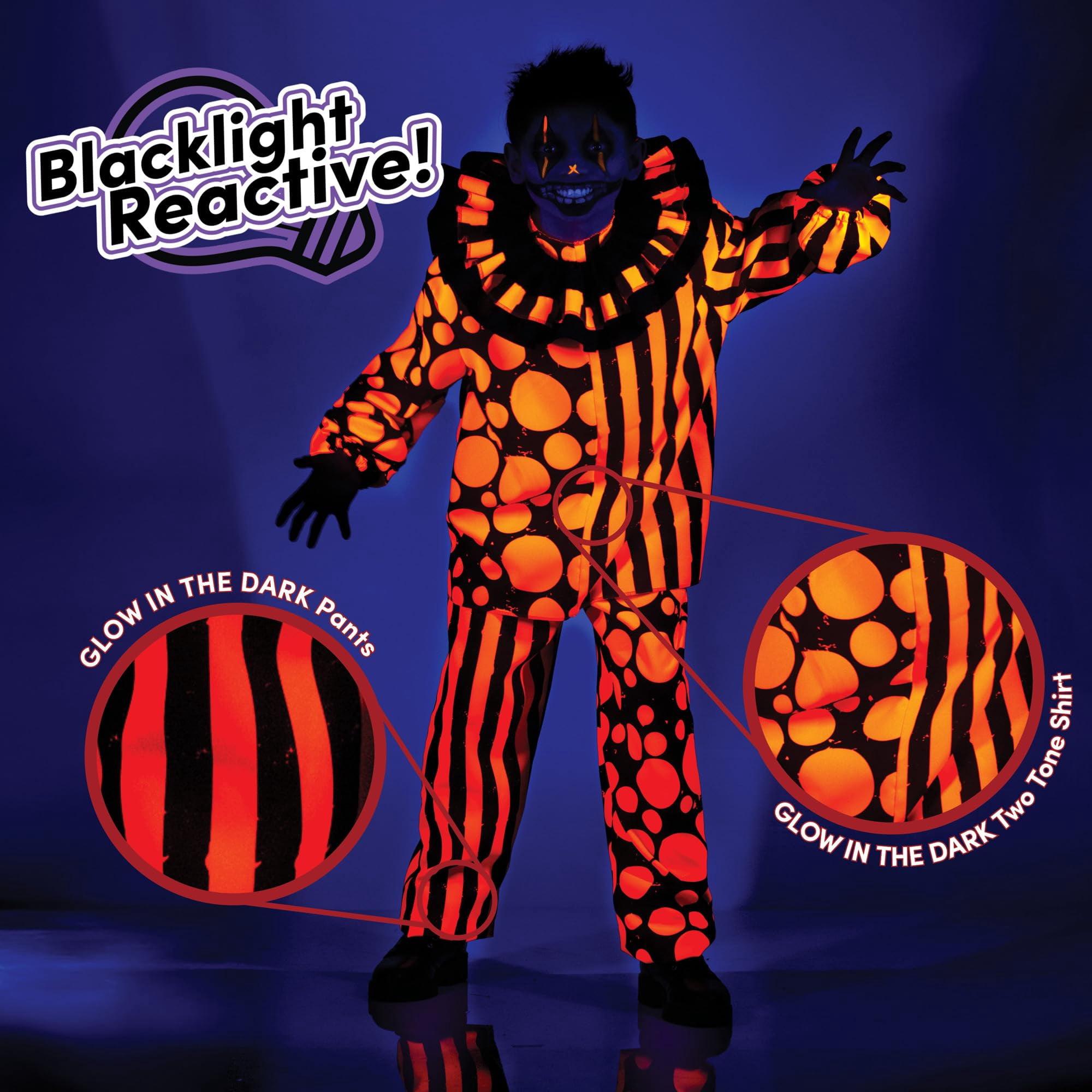 UNDERWRAPS Blacklight Glow Scary Clown Costume - Nightlight Glow in the Dark Kids Halloween Black Light Reactive Clown (Small (4-6))
