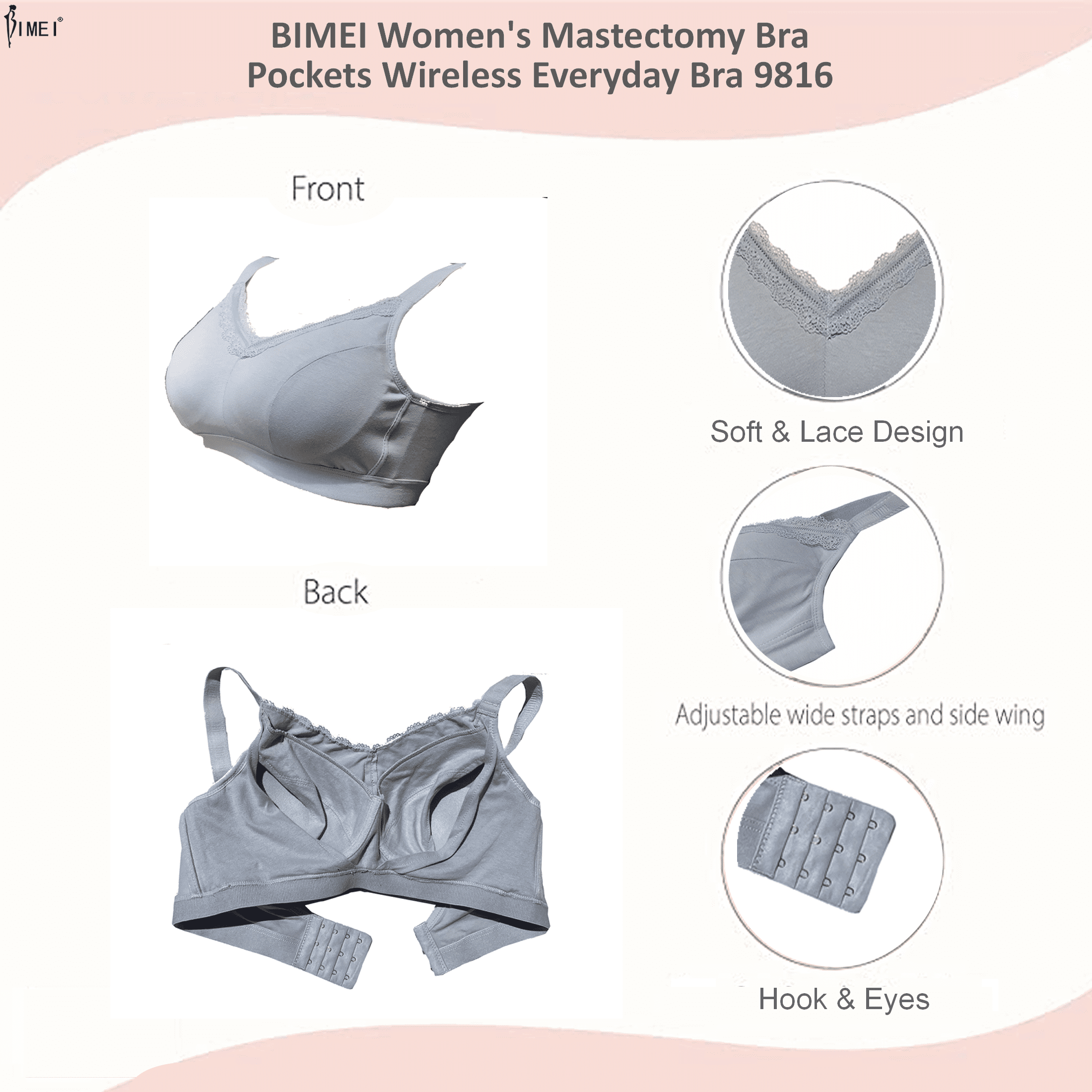 BIMEI Mastectomy Bra with Pockets for Breast Prosthesis Women's Full  Coverage Wirefree Everyday Bra plus size 8102,Pink,46B