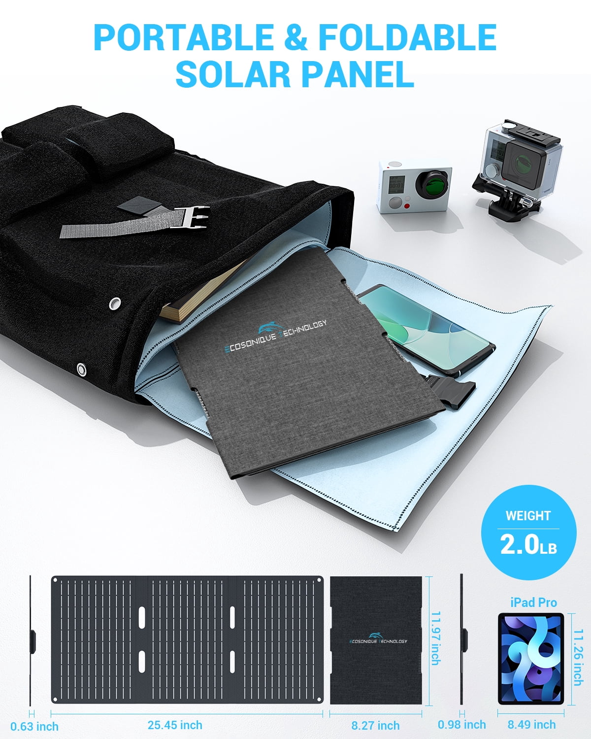 Ecosonique 30W Portable Foldable Solar Panel with USB C & USB A Fast Charging Waterproof for Camping Backpacking Compatible with Cell Phone, iPhone, iPad, Samsung Galaxy, LG, Power Banks