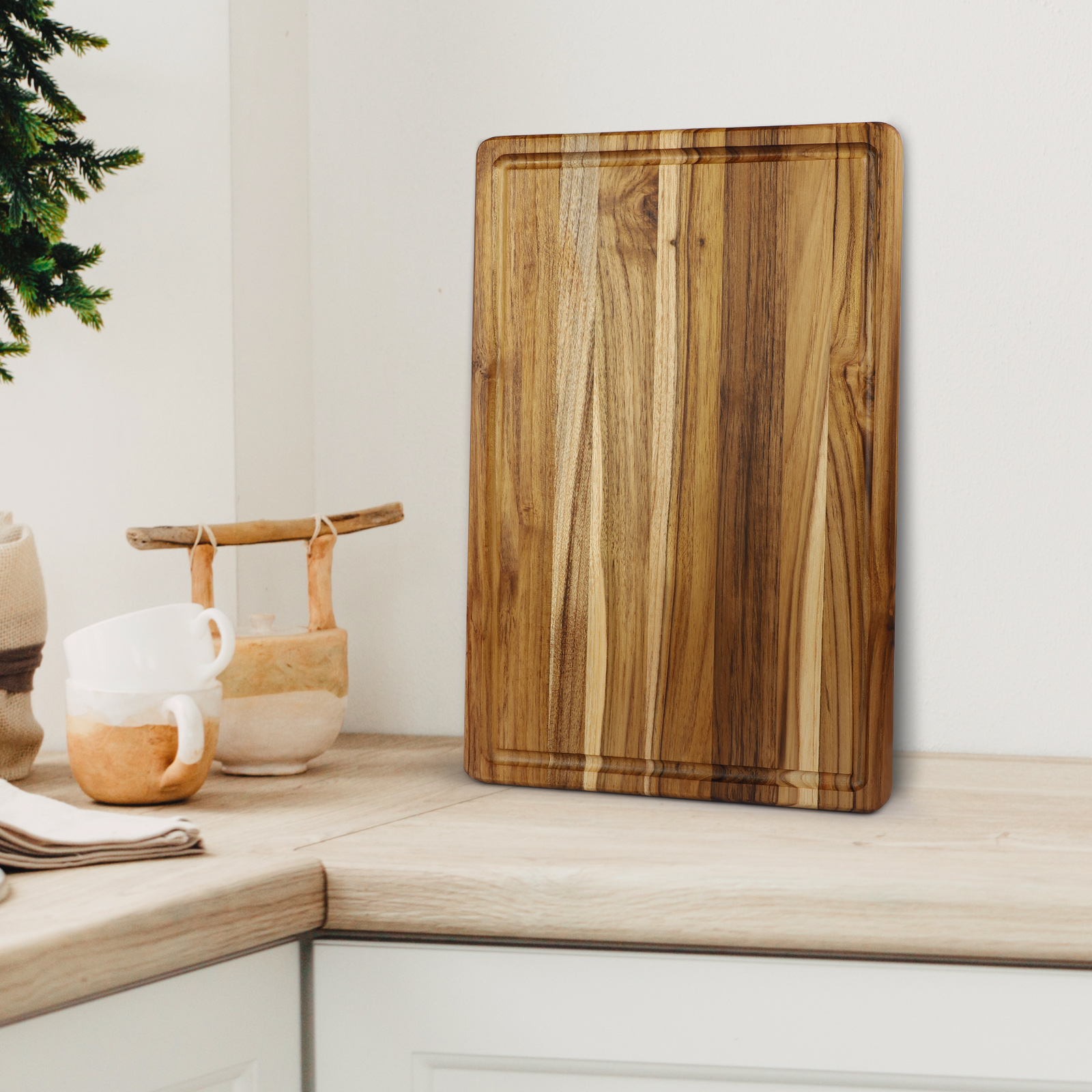 Large Teak Wood Cutting Board for Kitchen with Juice Groove, Reversible Charcuterie Serving Board Chopping Board