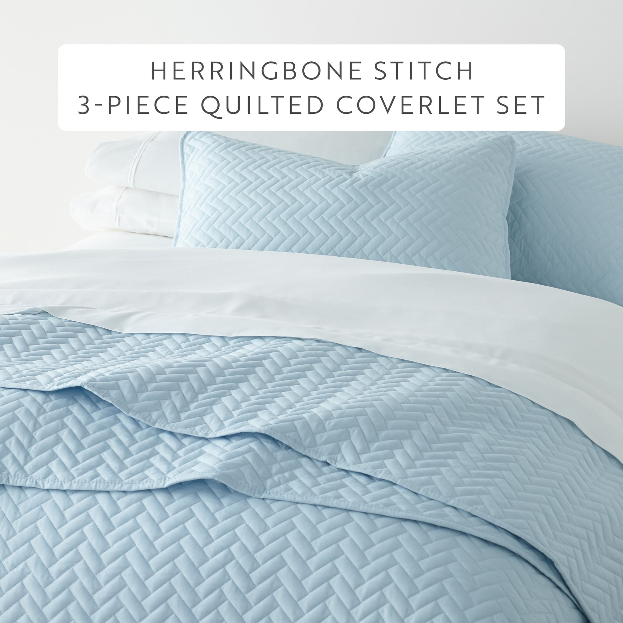 Noble Linens Pale Blue Herring Pattern Quilted Coverlet, Full/Queen