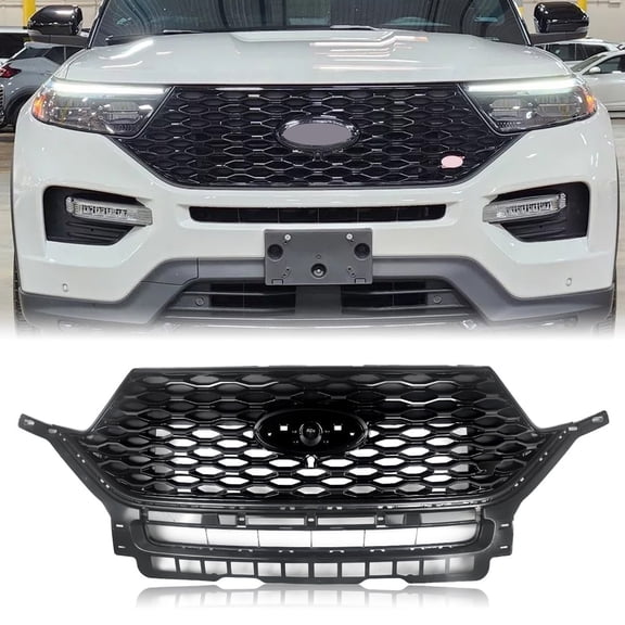 Fits Ford Explorer ST 2020-2023 Front Bumper Upper Grille ABS Grill Assembly Gloss Black