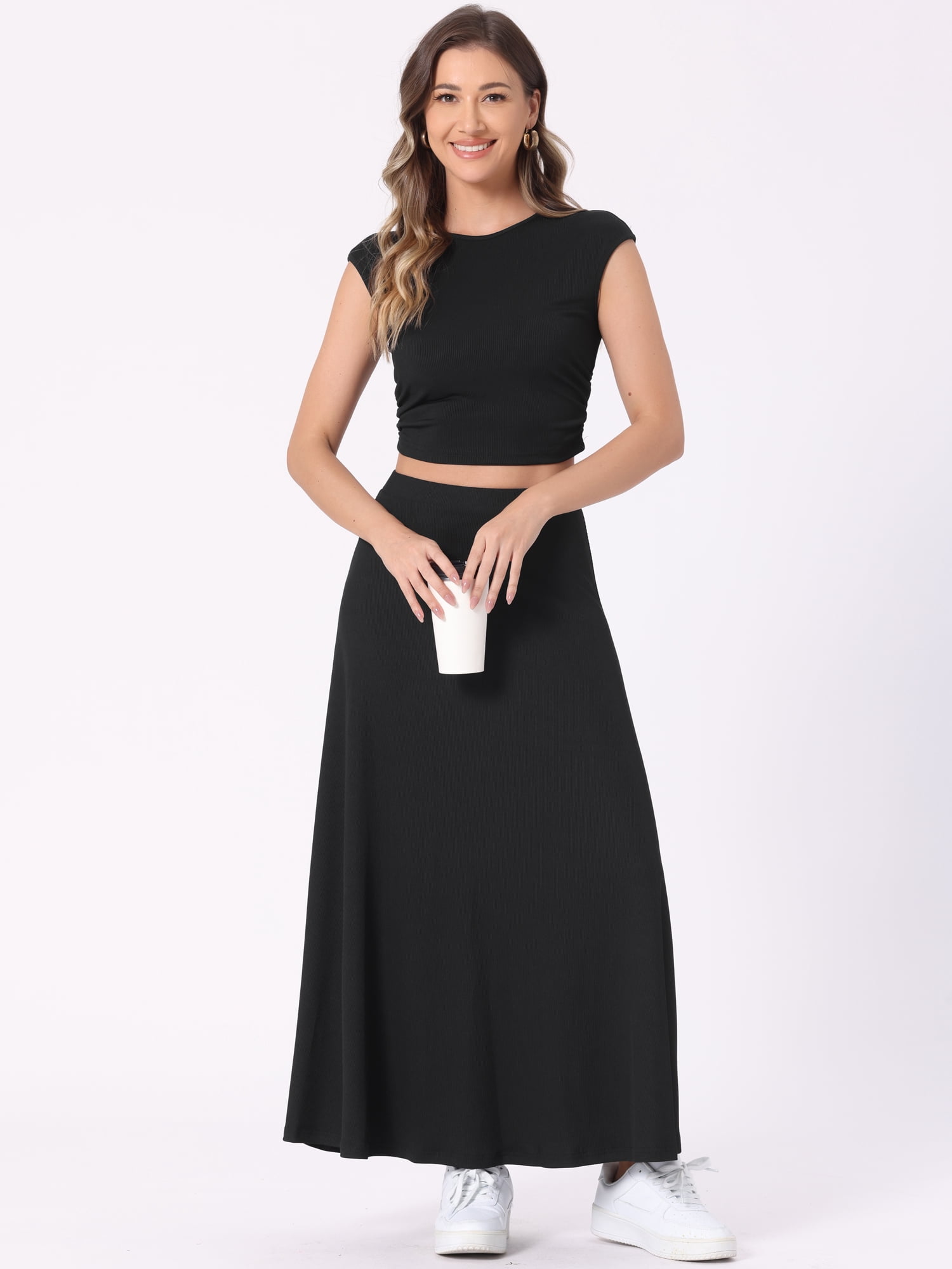DARING DIVA Women's Ribbed Knit Cropped Top A-Line Midi Skirt Set L Black