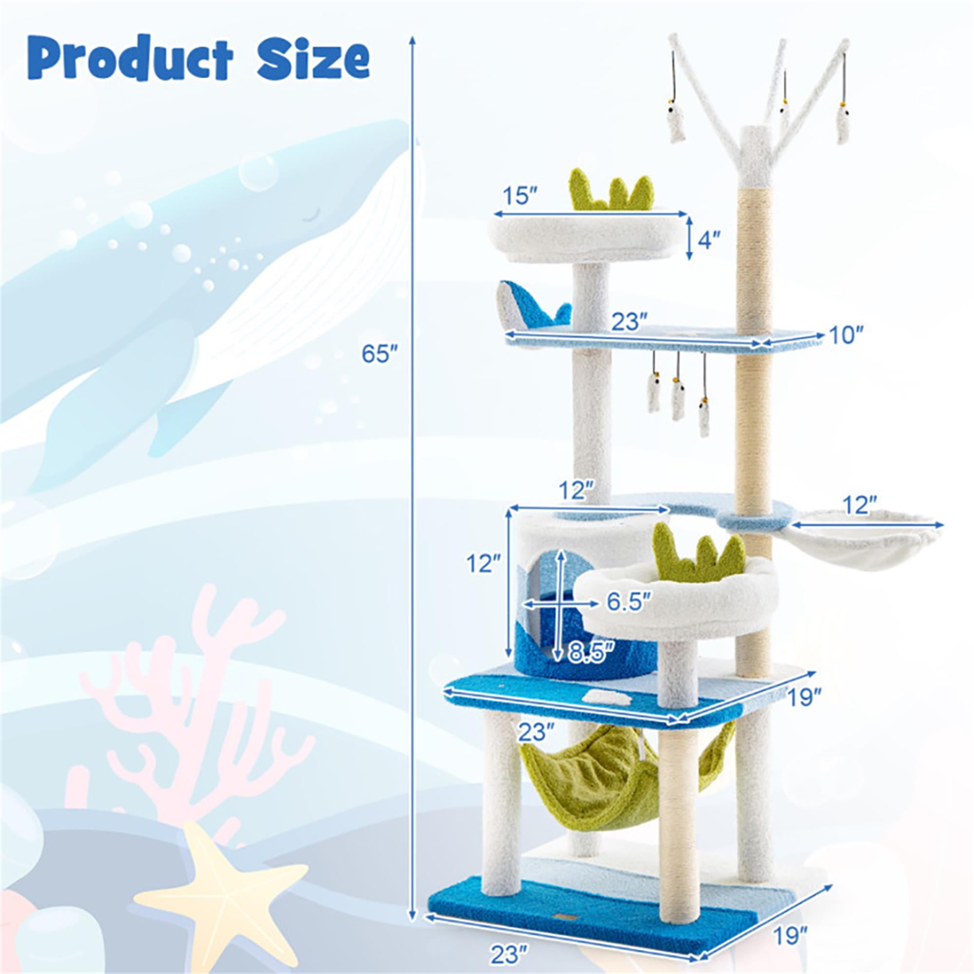 Kadyn 65" Cute Cat Tree Tower for Indoor Cats, Ocean World Cat Condo with Sisal Scratching Posts, Plush Perches, Kitten Cat Tree Tower Activity Center, Blue Kadyn 65" Cute Cat Tree Tower for Indoor Cats, Ocean World Cat Condo with Sisal Scratching Posts, Plush Perches, Kitten Cat Tree Tower Activity Center, Blue