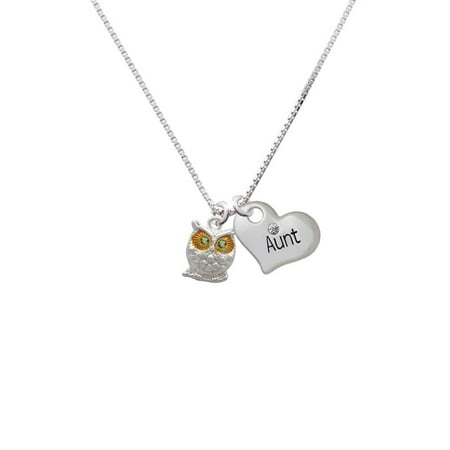 Eyed Owl Pendant - Silvertone Owl with Lime Green Crystal Eyes Aunt Heart Necklace