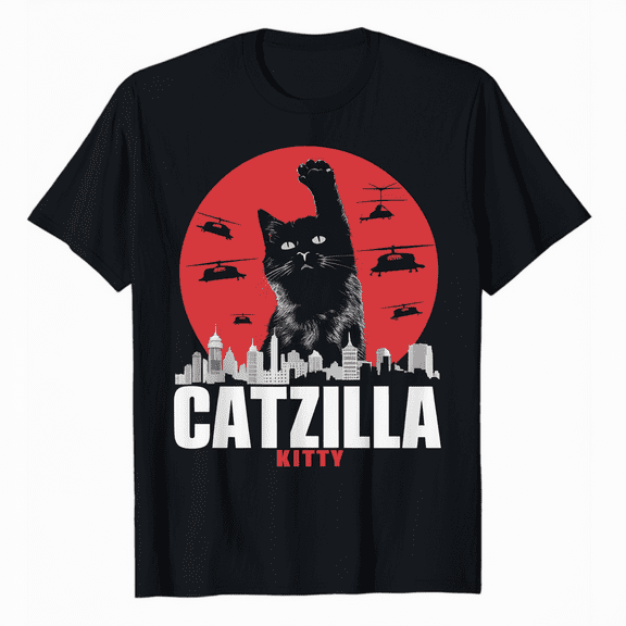 Black Japanese Catzilla Sunset T-Shirt - Classic Fit, Crew Neck
