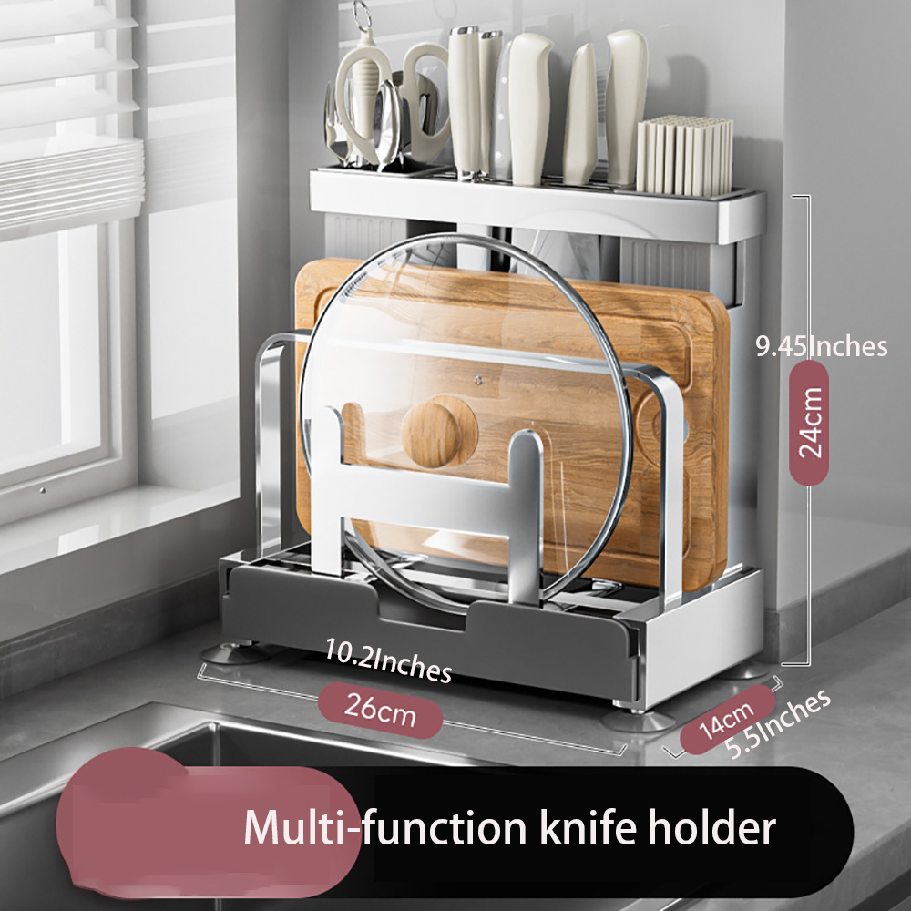 Kadahis Multifunctional Cutting Board, Knife Drying Rack Kitchen Countertop Pot Lids Organizer, Knife Block Holder with Drain Tray Utensil Holders Bakeware Cookware Chopping Board Storage Stand