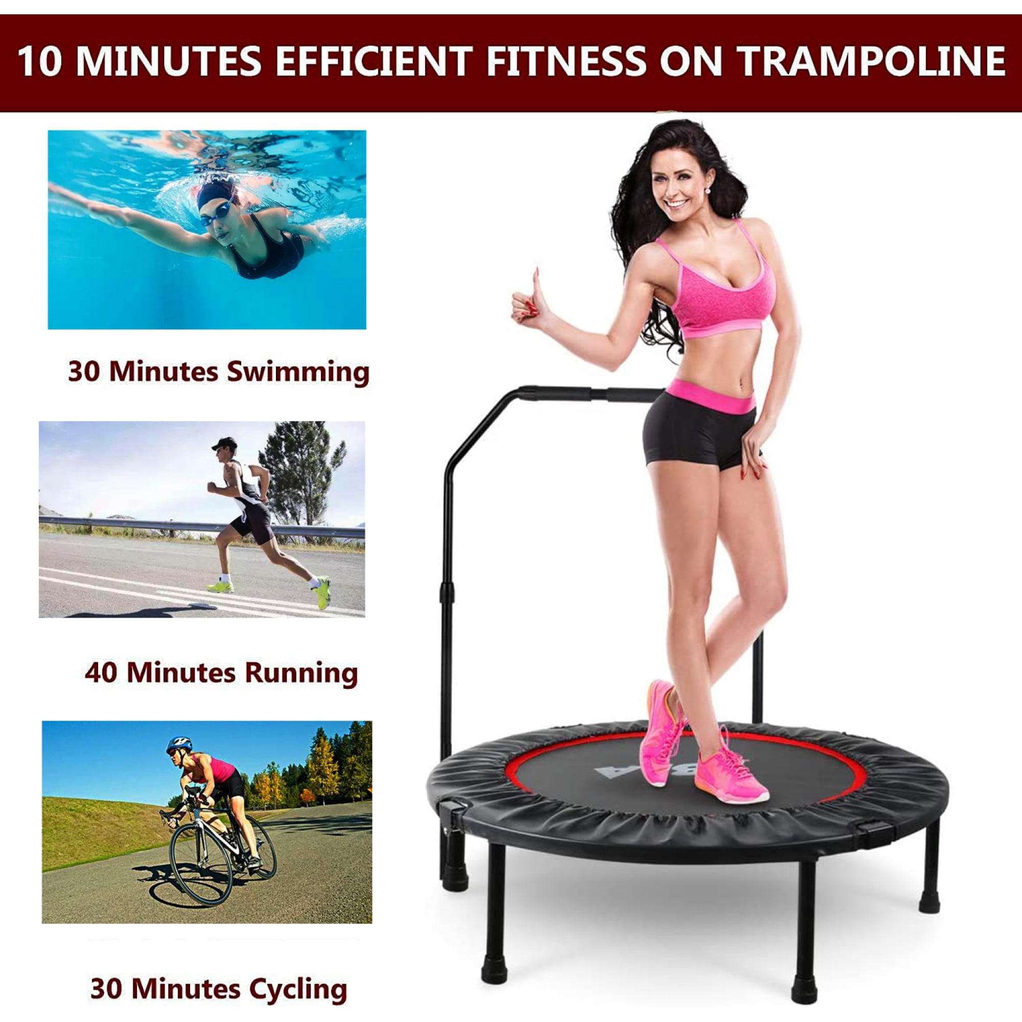 NOBOLEA 40 Inch Mini Exercise Trampoline, Foldable Indoor Rebounder with Adjustable Handle, 300LBS Capacity Fitness Trampoline for Adults Kids