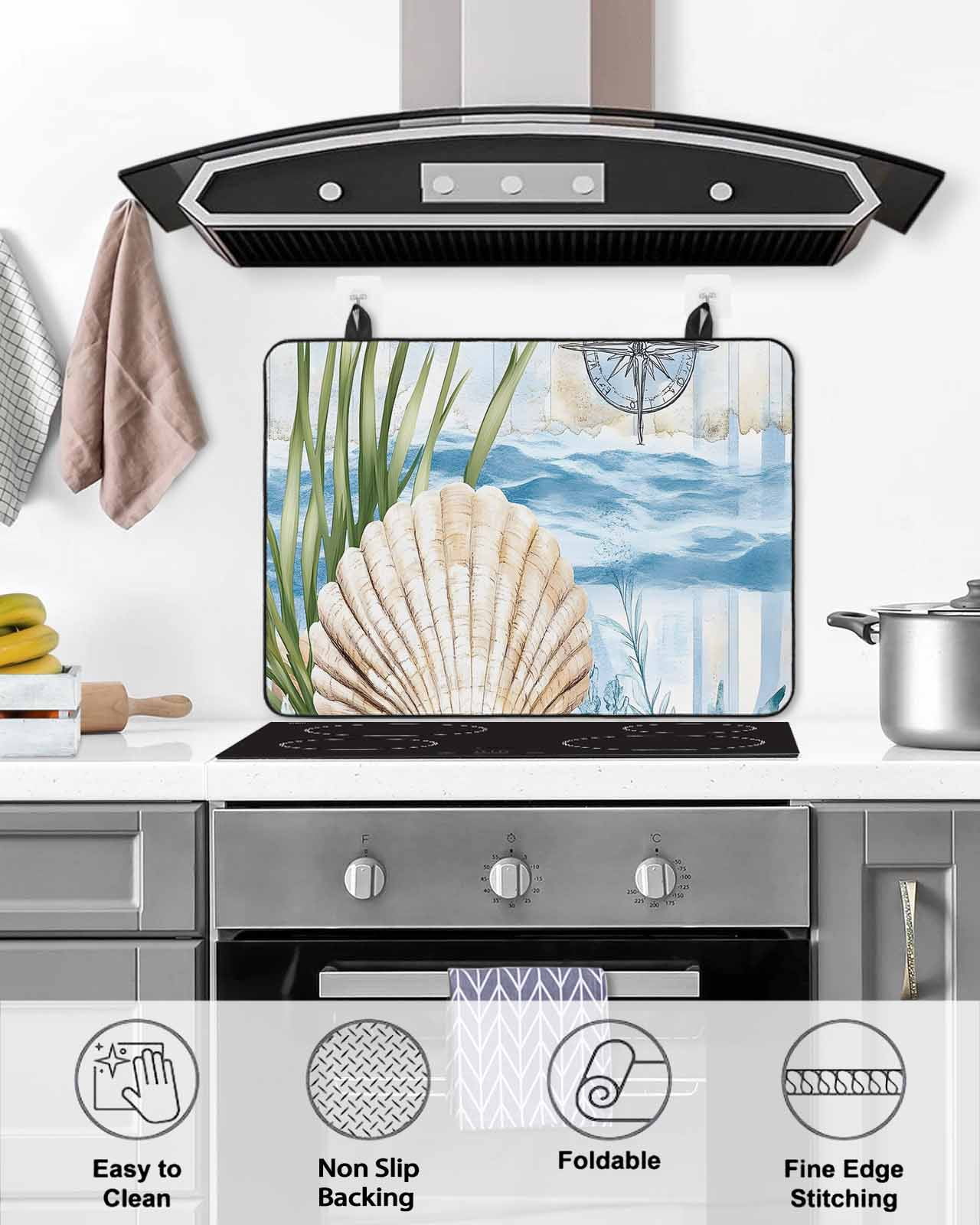 nqOlkjepod Large Induction Cooktop Protector Mat 24"x21", Summer Ocean Stove Top Covers for Electric Stove, Nautical Sea Shell Coral Wave Decorative Stove Burner Cover Mats, Glass Top Stove Cover