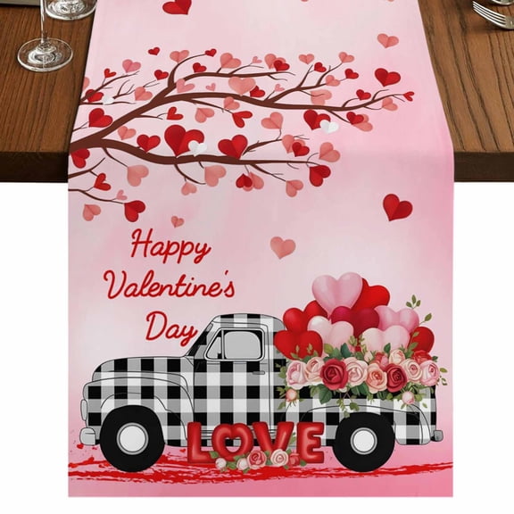 Table Runners 120 Inches Long Dress Scarves, Valentine's Day Farmhouse Coffee/Dining/Kitchen Table Runner for Living Room, Ombre Pink Love Tree Truck Roses Plaid 13x120 Inch