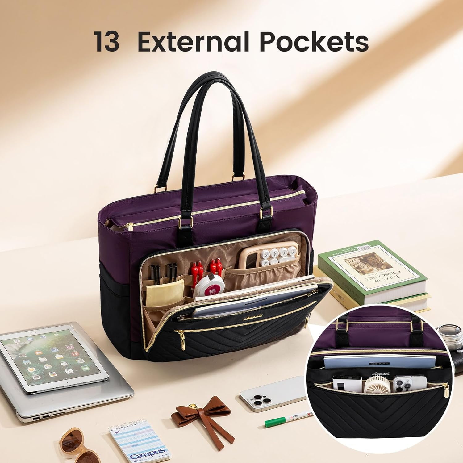 LOVEVOOK Quilted Teacher Tote Bag for Women, Large Laptop Tote with Cup Holder & Multi-Pockets, Work Bag for Nurse, Office, College, Business Travel, Diaper Bag, Computer Handbag Purse