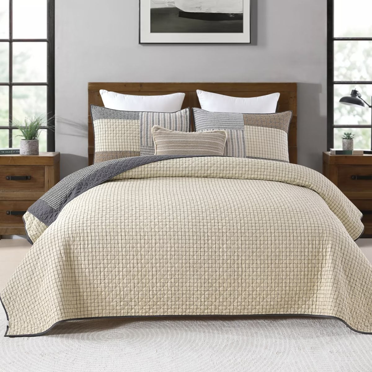 Bedduvit Farmhouse Queen Size Quilt Set - 100% Cotton Beige Brown Gray Real-Patchwork Plaid Queen Quilts Bedspread, Lightweight Reversible Coverlet/Bedding Set for All Season, 3-Piece (98"x90")