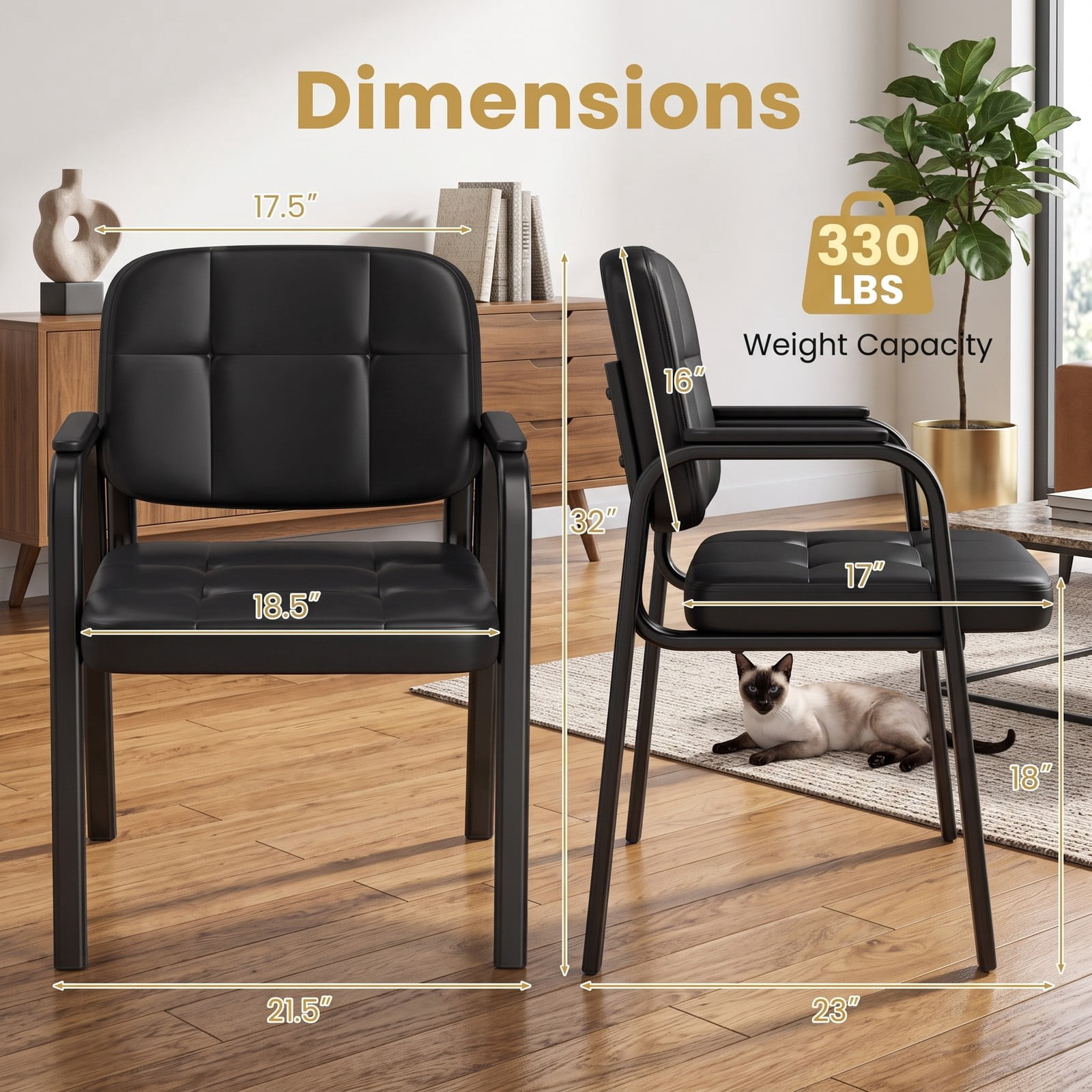 Furnibear Leather Office Reception Chairs, Set of 2 Waiting Room Guest Chairs with Padded Armrests, Ergonomic Waterproof PVC Sled Base Reception Seating for, Black