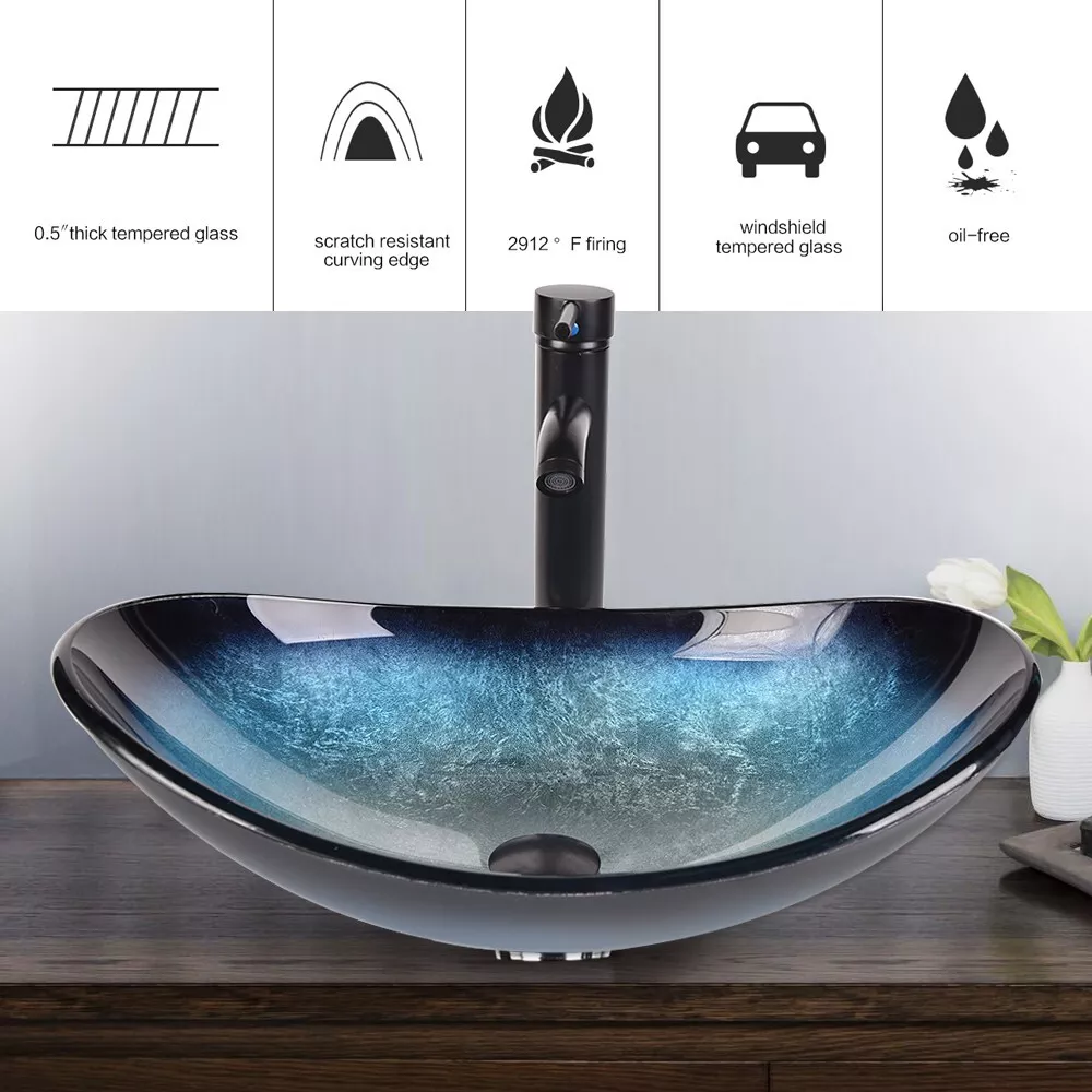 ELECWISH Bathroom Sink and Faucet Combo Artistic Tempered Glass Vessel Sink Basin Washing Bowl Set, Cabinet Countertop Sink with Chrome Faucet Pop-up Drain (Oval)