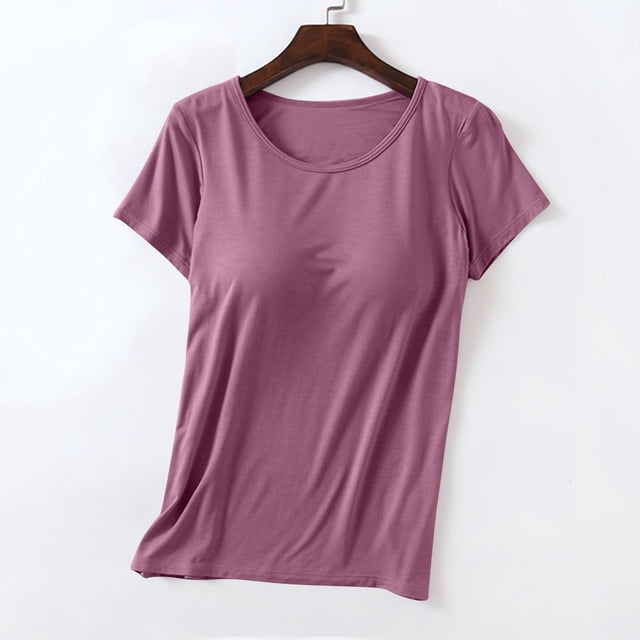 Soldes Aujourd'hui Liquidation Miqool T-Shirts Modaux Rembourrés avec Soutien-Gorge Intégré Manches Courtes Col Rond Légers Extensibles Sans Couture Couche de Base
