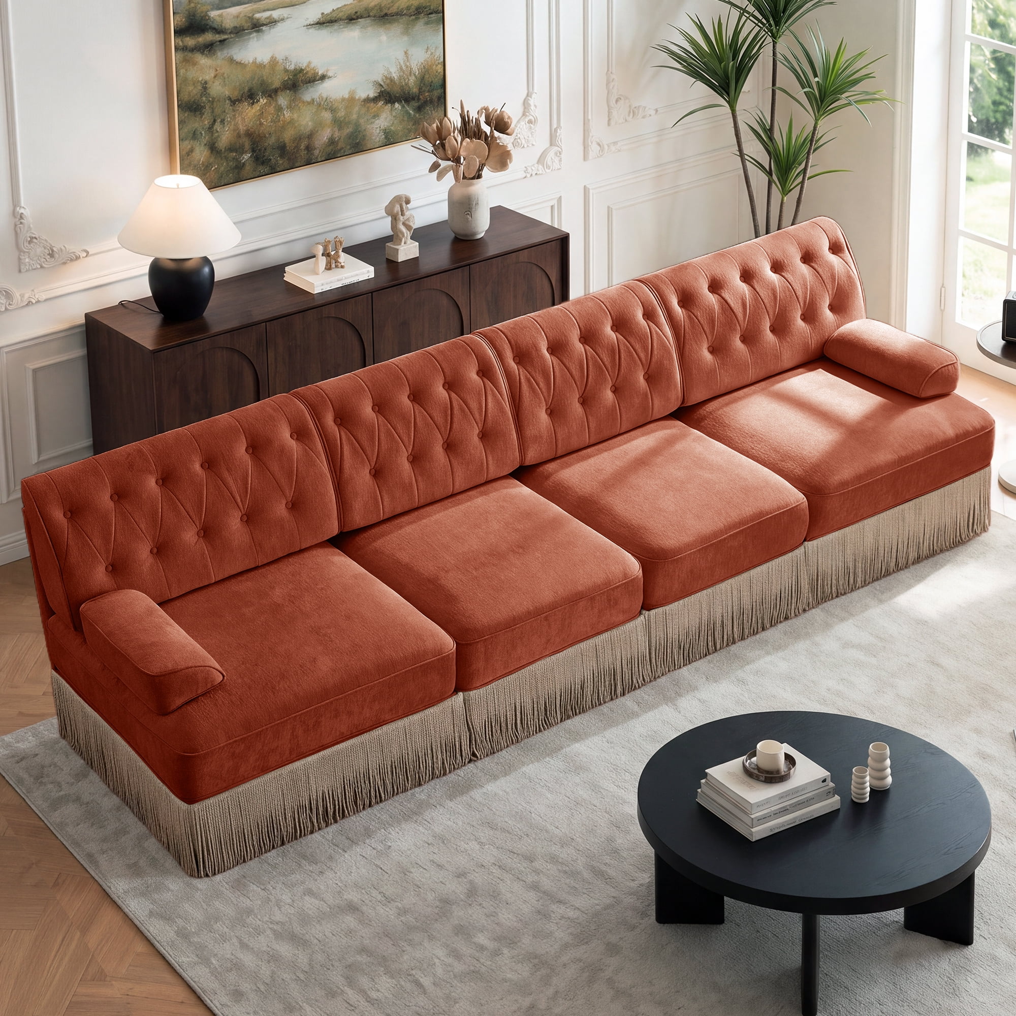 135" Velvet Fabric 4-Seater Sofa with Tassel Fringe Skirt and Button Tufted Design, Easy to Assemble