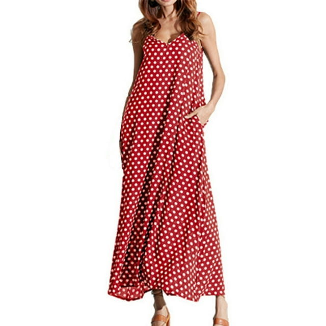 Aqestyerly Robe Longue d'Été Décontractée pour Femme à Col en V, Sans Manches, à Pois, Grande Taille