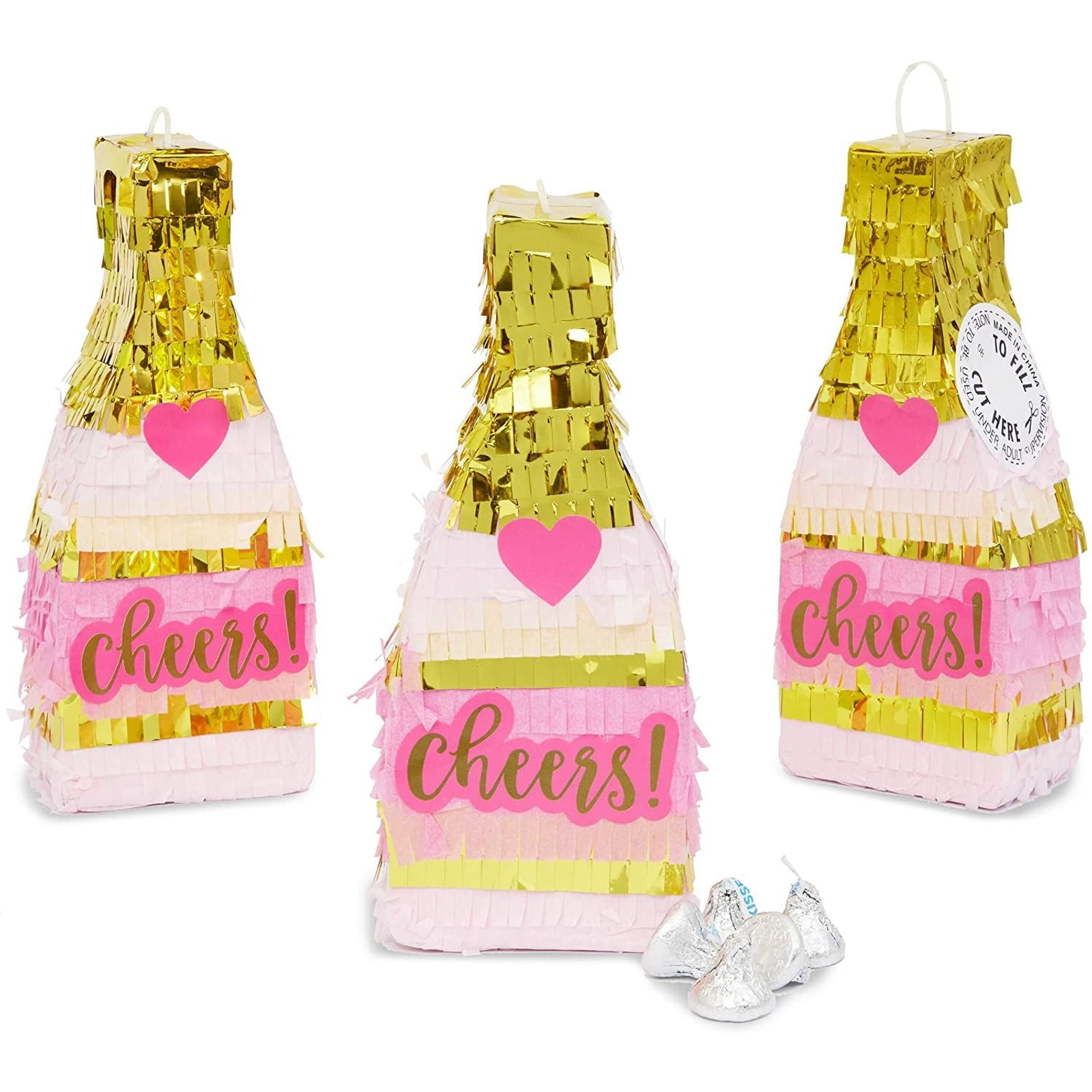 3 Pack Mini Champagne Bottle Pinatas Craft Kit DIY, for Bachelorette Party Birthday Bridal Shower Wedding Engagement Decoration, Pink with Gold Foil, 8 x 3.25 in