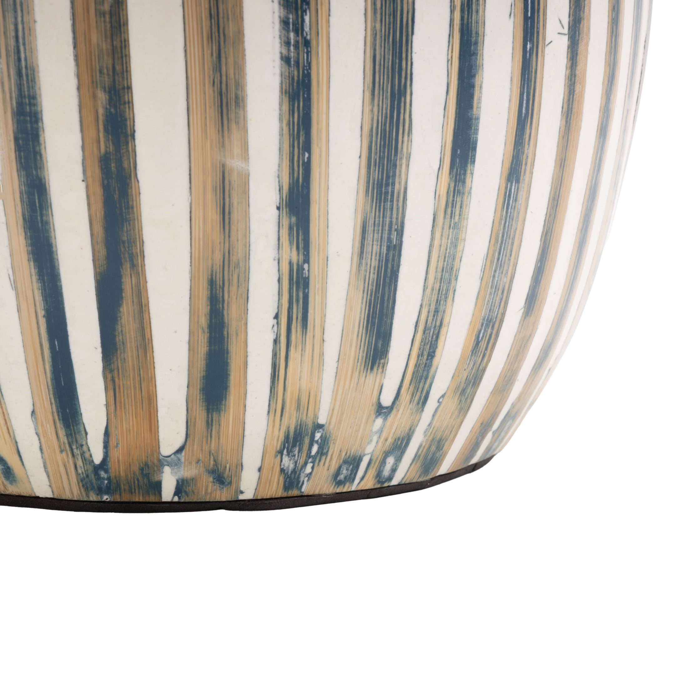 DecMode 16" Brushed Blue Bamboo Wood Vase with Cream Accents and White Stripes