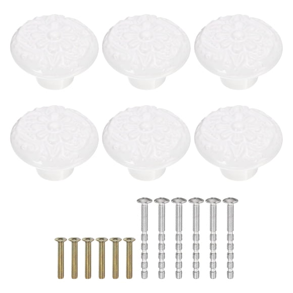 Uxcell 6 Pack Ceramic Knobs, 34mm/1.34" Flower Pattern Mushroom Knob Drawer Pull Handle Vintage Wardrobe Knobs with Screws for Vanity Bedroom Furniture Closet, White