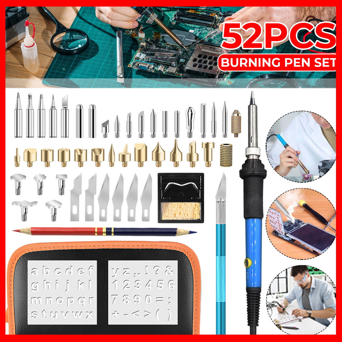 52pcs Pyrography Craft Kit Wood Burning Pen Set Stencil Soldering Tips Tool USA 