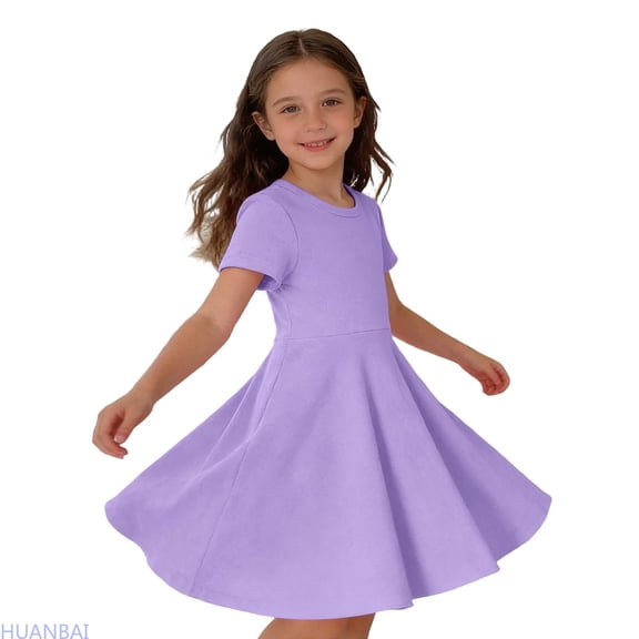 HUANBAI Girls Summer Short Sleeve Rib Knit Dress Solid Color Casual Party Dress For Toddler Kids Princess Maxi Dress /Purple(12-24 Months)