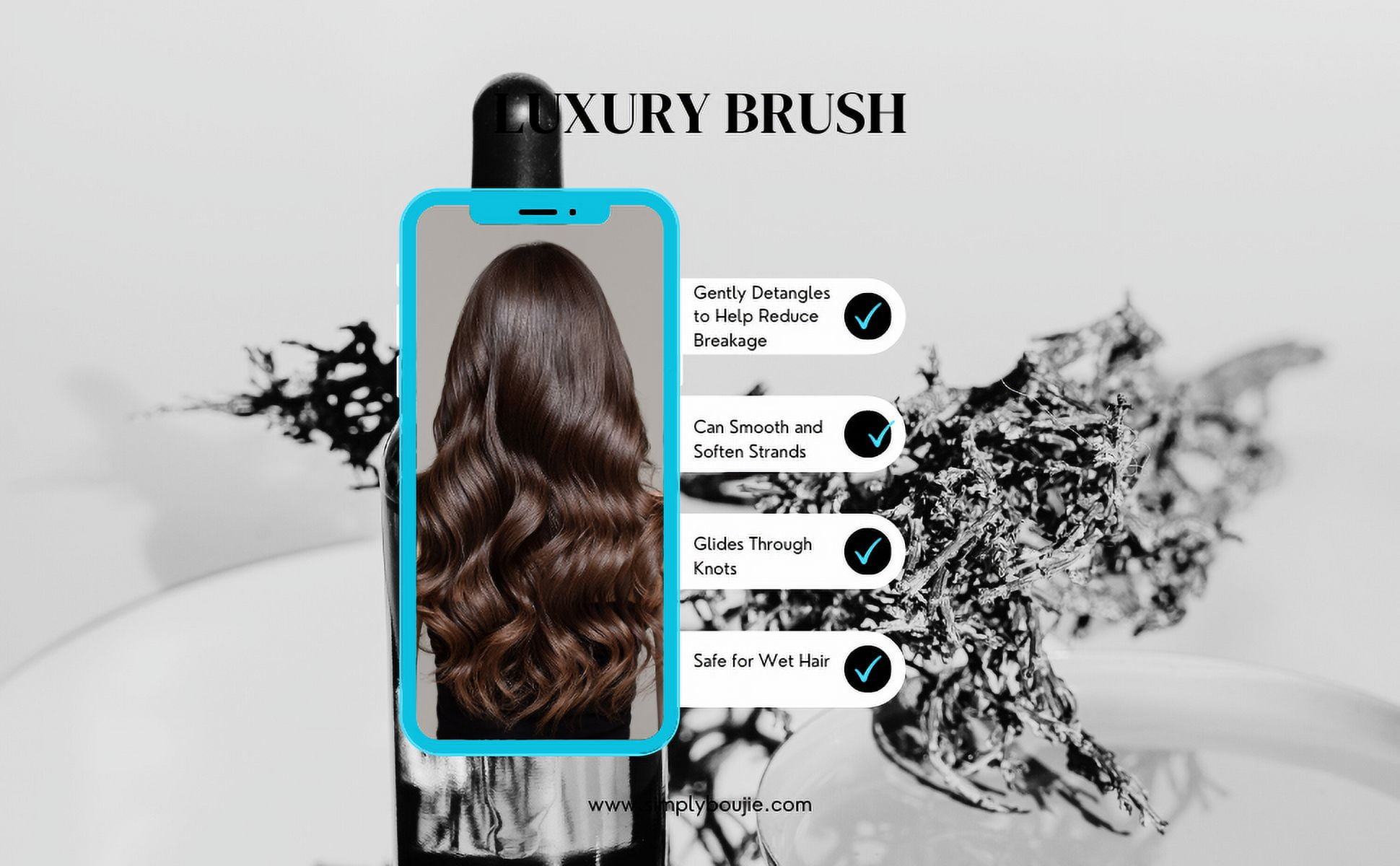 Simply Boujie Polymer Natural Bristle Oblong Detangling Hair Brush, Detangling, White
