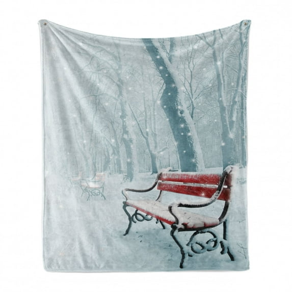 Forest Soft Flannel Fleece Throw Blanket, Row Iced Red Benches in a Park's Pathway Misty Crystalline in the Weather Forest Photo, Cozy Plush for Indoor and Outdoor Use, 50" x 60", White, by Ambesonne