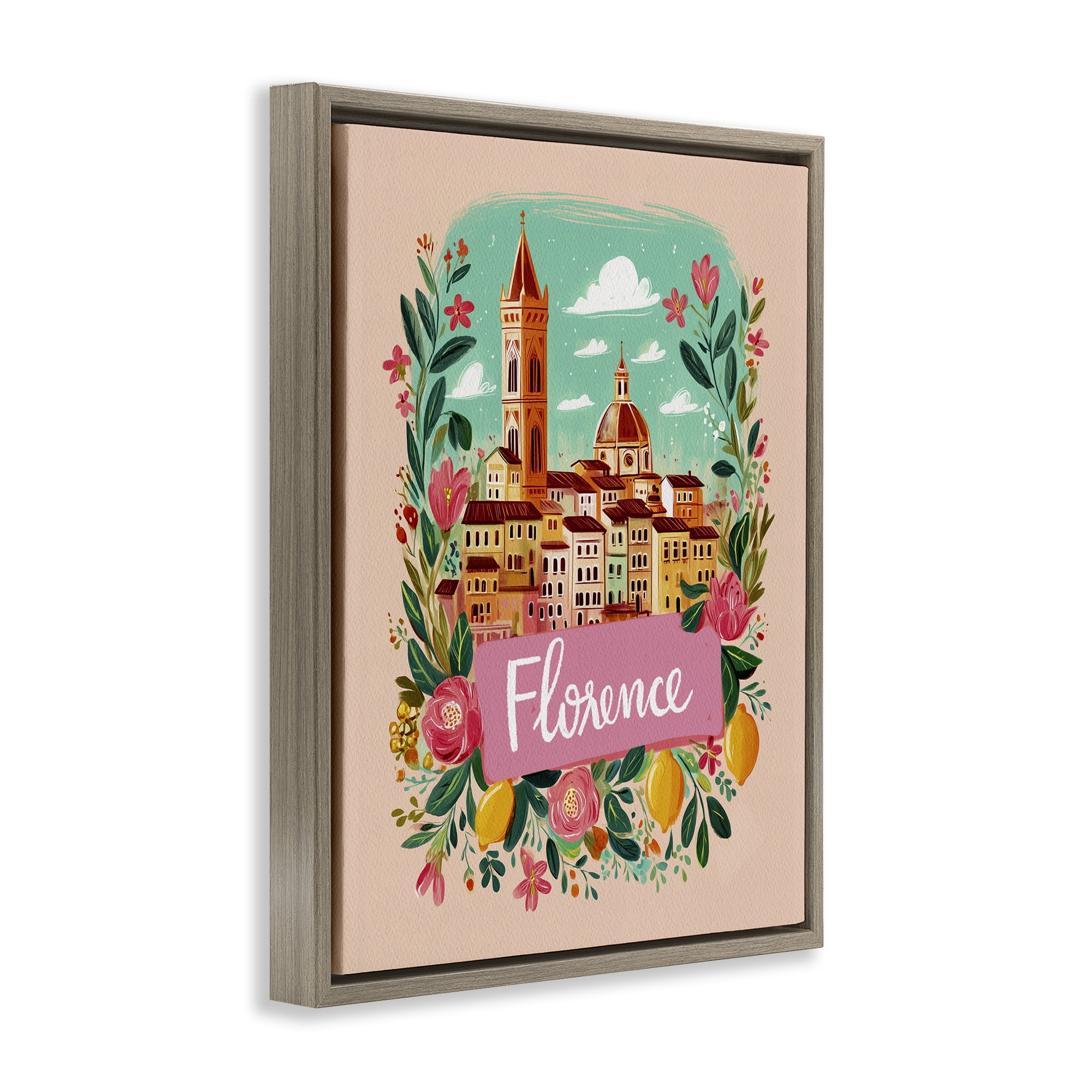 Floral Bordered Florence Brown Framed Floater Canvas Wall Art, design by Yen
