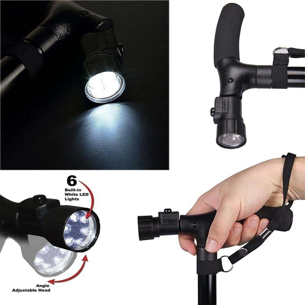2 Pack Folding Walking Cane with 6 LED Lights, 5-Level Adjustable Height, 360° Anti-Slip Pivoting Base, Lightweight Aluminum T-Handle Walking Stick for Elderly