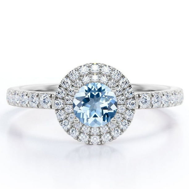 JeenMata Anillo de Compromiso con Diseño de Halo Doble de Aguamarina y Moissanita de Talla Brillante Redonda de 1 Quilate con Detalles Pavé en Baño de Oro Blanco de 18 K sobre Plata