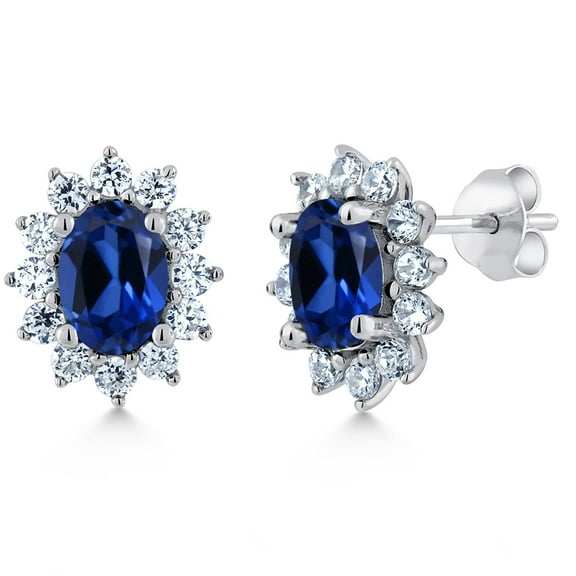 Gem Stone King 925 Sterling Silver Blue Created Sapphire Stud Halo Princess Diana Kate Middleton Post Earrings for Women (3.00 Cttw, Oval 7X5MM)
