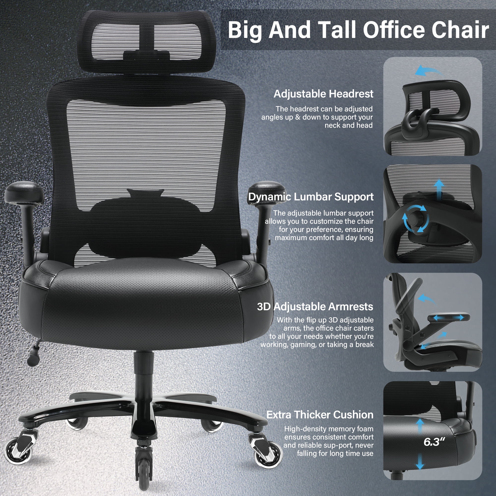 Big and Tall 600lbs Office Chair, High Back Mesh Desk Chair, Ergonomic Executive Computer Chair with Adjustable Lumbar Support Headrest 3D Flip Up Arms Heavy Duty Metal Base, Extra Wide Seat, Black